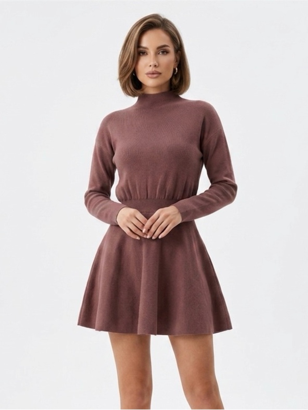 Brown Mock Neck A-Line Sweater Dress in Mauve, S